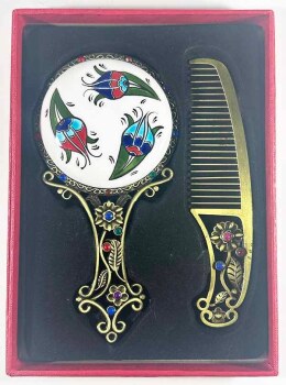 Üç Lale Taraklı Ayna Seti - Çini Evi
