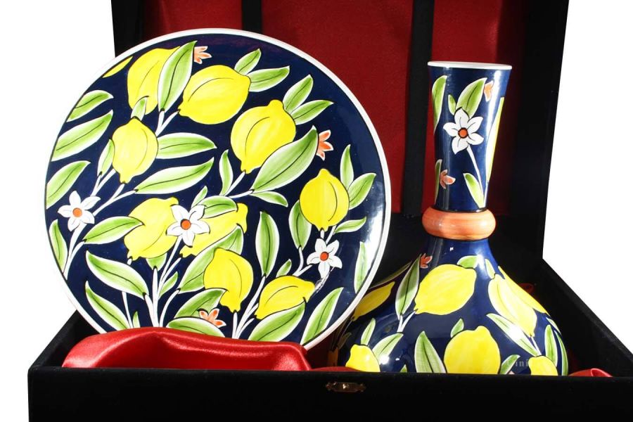 Vase Iznik à motifs de citron 30 cm et plaque de tuile de 30 cm - 1