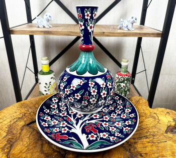 Vip Gift Blue Background Iznik Tile Vase and Plate Set with Tree of Life Motif - Çini Evi