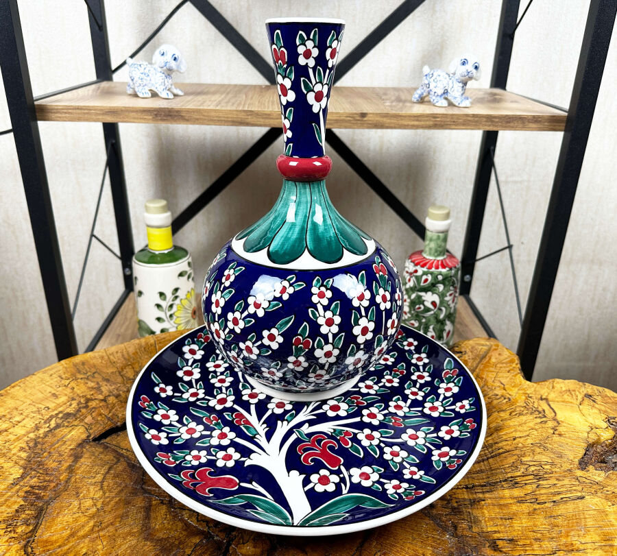 Vip Gift Blue Background Iznik Tile Vase and Plate Set with Tree of Life Motif - 1