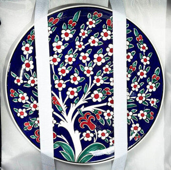 Vip Gift Blue Background Iznik Tile Vase and Plate Set with Tree of Life Motif - 3