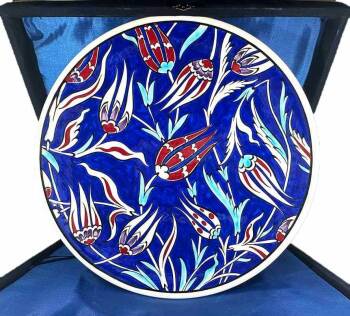 VIP Gift Abroad, Navy Ground Tulip Pattern Iznik Ceramic Plate 30 cm - Çini Evi