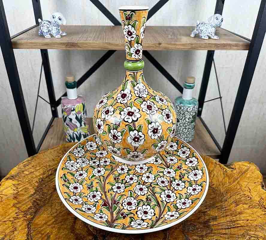 VIP Gift Hand-Painted Tree of Life Motif Iznik Ceramic Vase and Plate Set - 1
