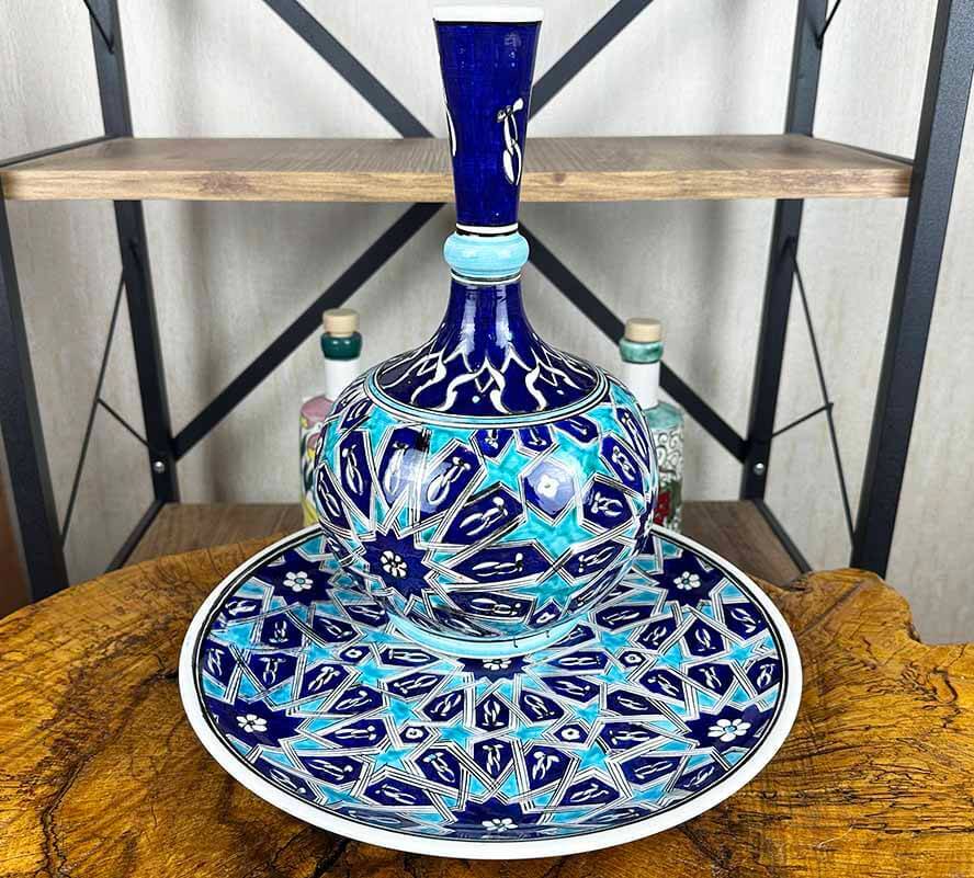 VIP Gift Seljuk Star Motif Iznik Ceramic Vase and Plate Set - 1