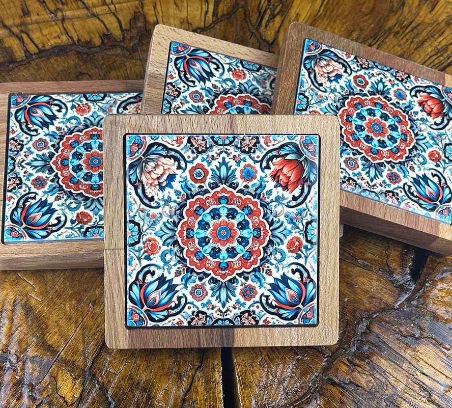 Wooden Coaster Set with Rose Garden Pattern - 1