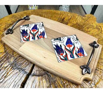 Wooden Tray With Three Tulip Design - Çini Evi