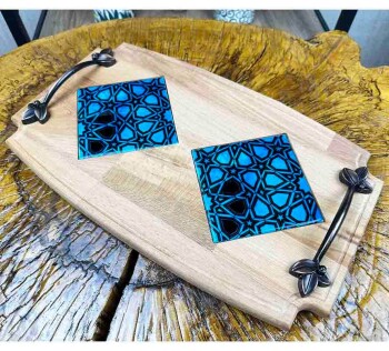 Wooden Tray with Turquoise Background and Seljuk Star Design - Çini Evi