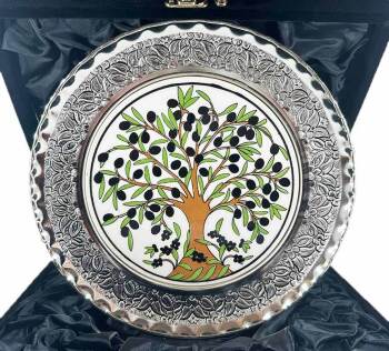 Zeytin Ağacı Desenli Gümüş Tabak - Çini Evi