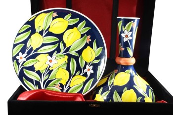 Zitrone gemusterte 30 cm Iznik-Vase und 30 cm Fliesenplatte - 1